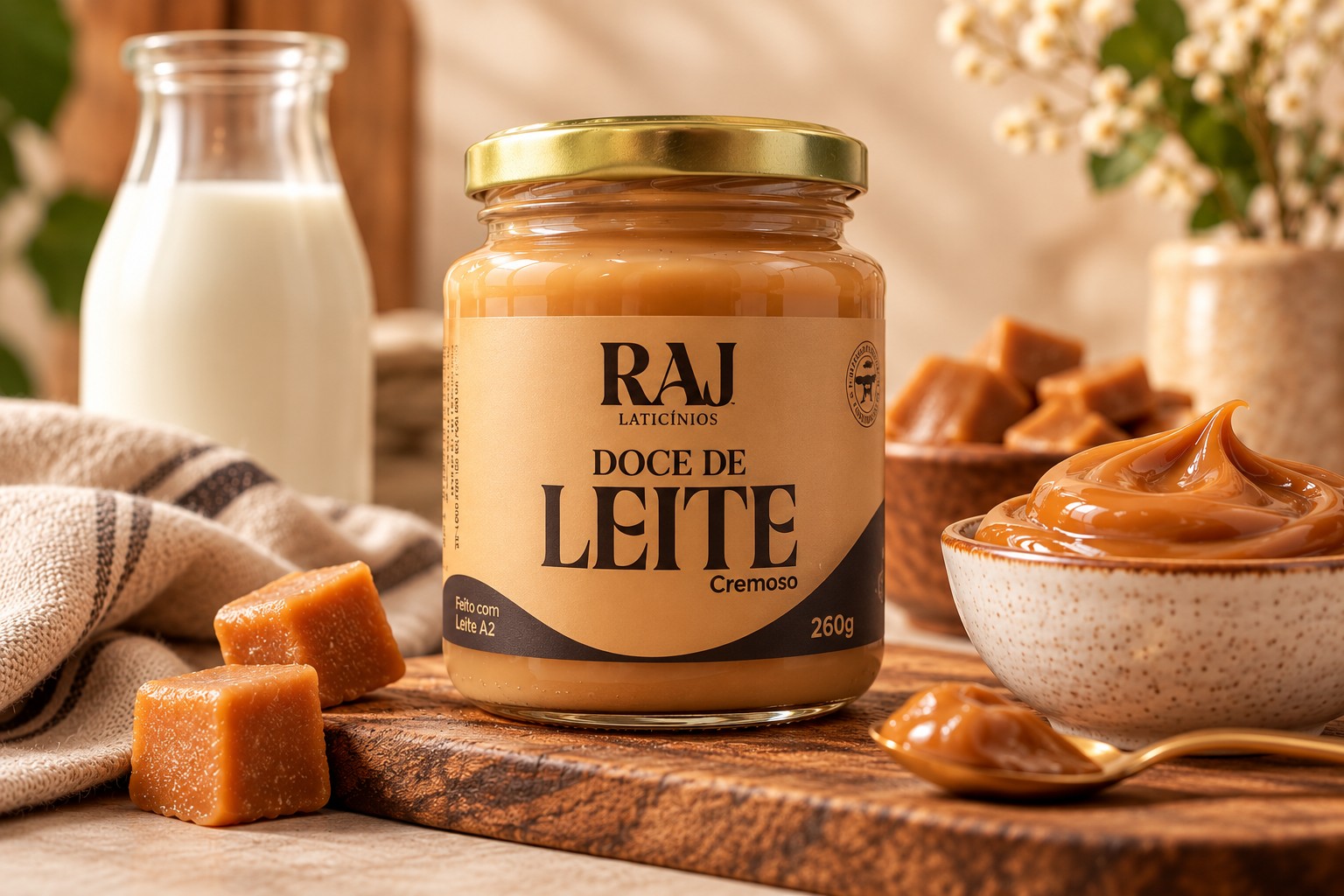 Imagem de apresentação do doce de leite cremoso RAJ ao lado de uma tigela